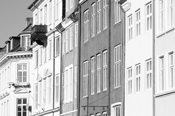 Copenhagen city Nyhavn street. Black and white vintage style.