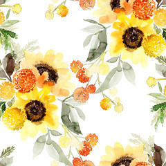 Fototapety  Seamless watercolor pattern with a bouquet of sunflowers on a white background