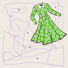 Illustration of a vector with sewing pattern and sketch of vintage dress