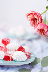 close-up of marshmallows and red marmalade