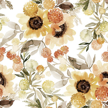 Seamless watercolor pattern with a bouquet of sunflowers on a white background