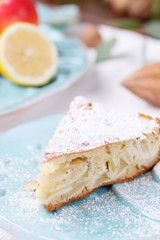 apple pie on a blue plate. lemon with apples