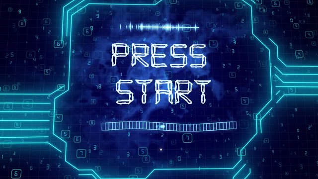 Press start text with bad signal. Glitch effect