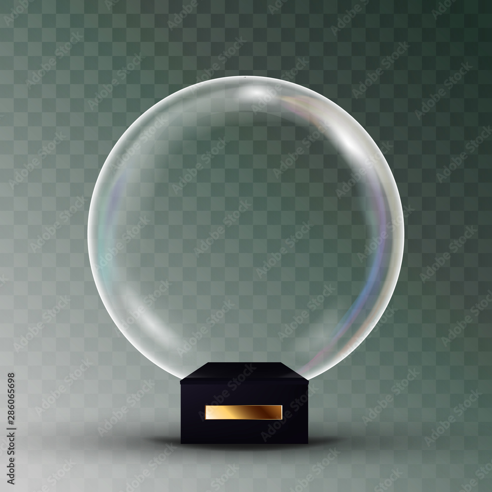 Poster empty snow globe vector. shadows, reflection and lights. glass sphere on a stand. isolated on transp