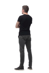 confident guy looking at white blank screen . isolated on white