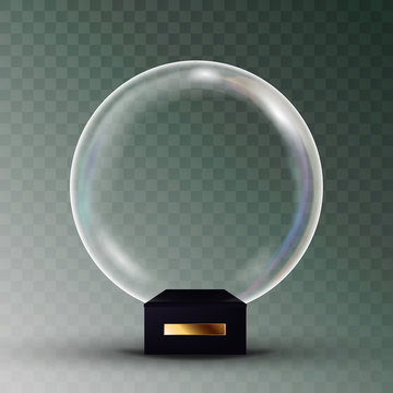 Empty Snow Globe Vector. Shadows, Reflection And Lights. Glass Sphere On A Stand. Isolated On Transparent Background