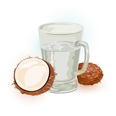 Coconut sap, water, wine or tuba in glass. Seeds or fruits of palm tree are near juice in transparent mug. Tropic summer beverage, drink. Cartoon vector illustration isolated on white background.