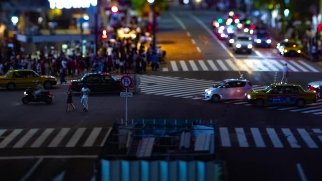 A timelapse of the scramble crossing at the neon town in Shibuya Tokyo tilt shift zoom