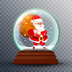 Christmas 3d Classic Xmas Snow Globe Vector. Cartoon Santa Claus With Gifts. Glass Sphere With Glares And Gighlights. Isolated On Transparent Background Illustration