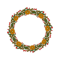 Summer. Autumn. Floral wreath on a white background. Wreath of orange flowers, green leaves and red berries. Vector illustration.