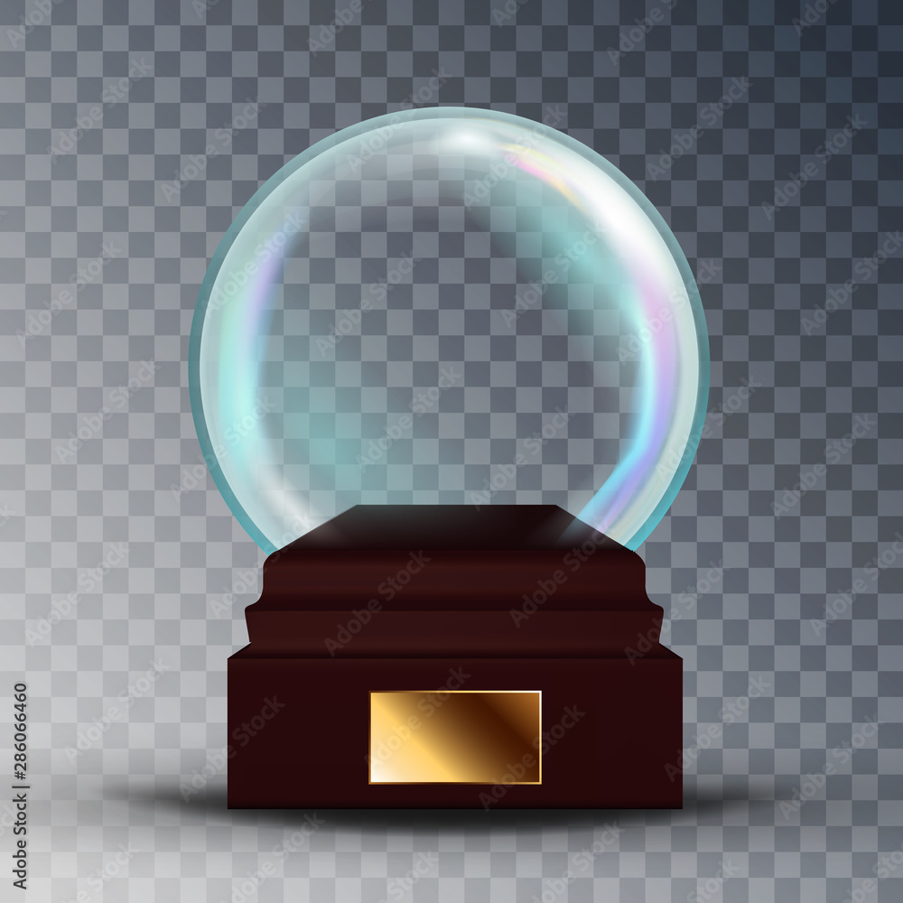 Poster empty snow globe vector. shadows, reflection and lights. glass sphere on a stand. isolated on transp