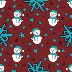 Christmas seamless pattern with snowman, fir trees and snowflakes. Perfect for wallpaper, wrapping paper, pattern fills, winter greetings, web page background
