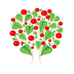  Summer tree on a white background. The tree is decorated with red cherries and  green leaves.Vector illustration.