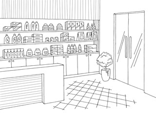 Pharmacy interior graphic store shop black white sketch illustration vector
