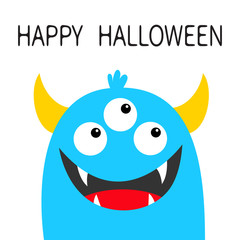 Happy Halloween. Monster head face blue silhouette. Three eyes, teeth fang smile, yellow horns. Cute kawaii cartoon funny character. Baby kids collection. Flat design. White background. Isolated.