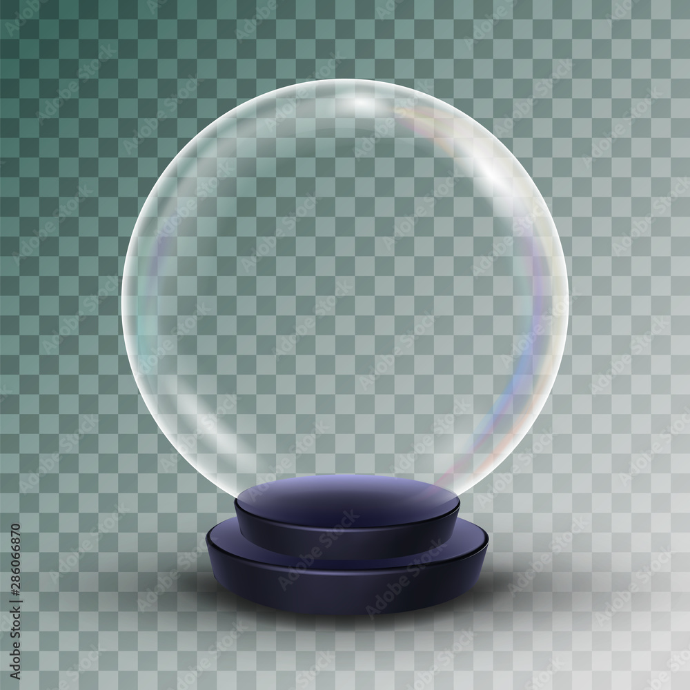 Poster empty snow globe vector. shadows, reflection and lights. glass sphere on a stand. isolated on transp