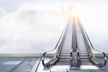Fototapeta premium Modern double escalator with cityscape
