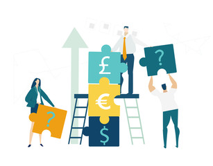 Group of young business people working together with puzzles as symbol of collaborating, solving problems, thinking about creative idea, brainstorming and teamwork concept. Flat style illustration.