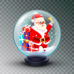 Christmas 3d Classic Xmas Snow Globe Vector. Cartoon Santa Claus With Gifts. Glass Sphere With Glares And Gighlights. Isolated On Transparent Background Illustration