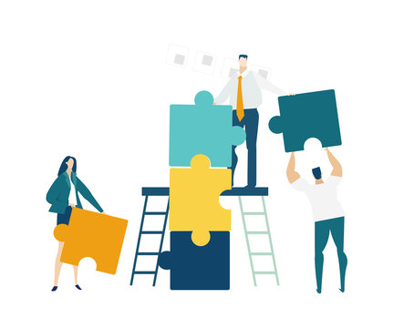 Group of young business people working together with puzzles as symbol of collaborating, solving problems, thinking about creative idea, brainstorming and teamwork concept. Flat style illustration.