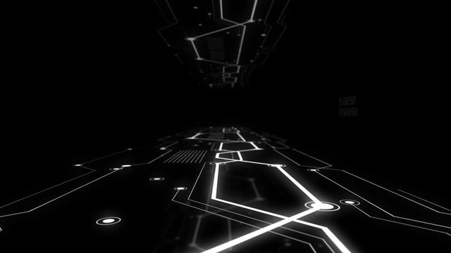 High speed track with binary code connections glowing in dark space.