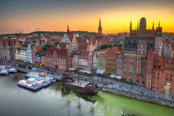 Beautiful architecture of the old town in Gdansk at sunset, Poland.