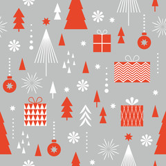 Seamless Christmas pattern, stylized gift boxes, Christmas trees, snowflakes	