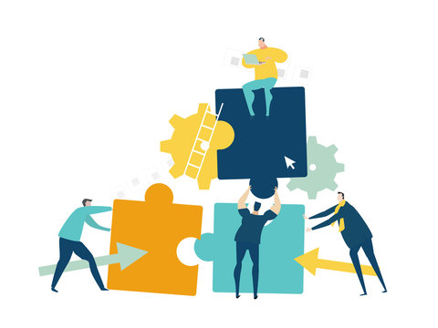 Group of young business people working together with puzzles as symbol of collaborating, solving problems, thinking about creative idea, brainstorming and teamwork concept. Flat style illustration.
