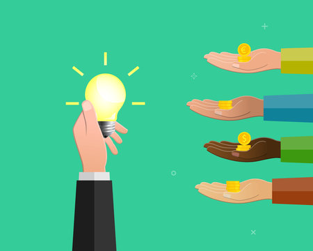 Hand holding light bulb as idea symbol and others raising money as crowdfunding concept.