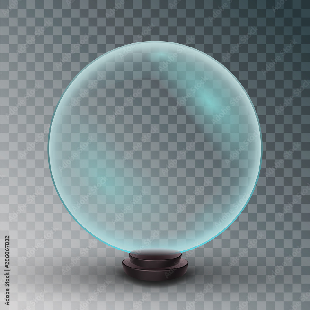Poster empty snow globe vector. shadows, reflection and lights. glass sphere on a stand. isolated on transp