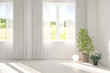 Stylish empty room in white color with summer landscape in window. Scandinavian interior design. 3D illustration