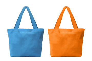 blue and orange cloth shopping bag isolated on white background with clipping path