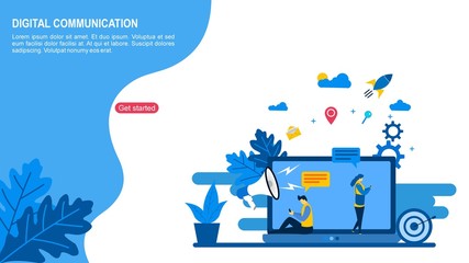 Website or landing page of Digital communication,flat design with Tiny People Character Concept Vector Illustration, Suitable For Wallpaper, Background,Card, banner,Book Illustration, Web Landing Page