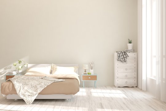 Stylish bedroom in white color. Scandinavian interior design. 3D illustration