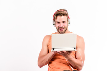 black friday with online shopping. new technology in modern life. sexy muscular man listen music....