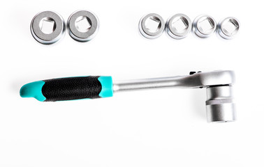 multi purpose tool kit. Chrome Vanadium Steel. metallized fix equipment. socket wrench isolated on white background. Iron tools set. Our Service is the Key to a Fresh Start