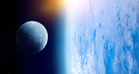 Fototapeta na wymiar Earth and Moon in blue space