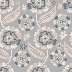 Seamless floral design stylized hand print printed pattern. The design is suitable for clothes design, wallpaper, background, stationary supplies, etc.