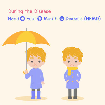 During the Disease, Children infected and healthy, Baby Boy have a Blister Hand Foot Mouth Disease, HFMD in rain and cold season, Medical Health care concept, cartoon character vector Info-graphic.