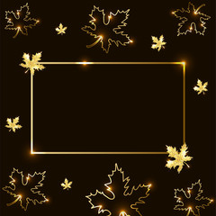 Fototapeta na wymiar Vector of illustration golden frame and maple autumn fall leaves with gold texture on dark black background. Template for autumn sale, Thanksgiving, placard, greeting card, flyer, presentation