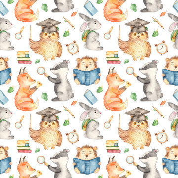 Watercolor seamless pattern with cute animal students at school