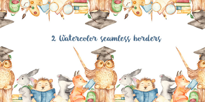 Watercolor seamless border with cute school animals and teacher