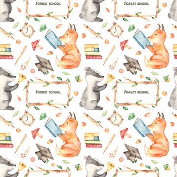 Watercolor seamless pattern with cute fox, badger in forest school