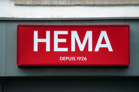 Mulhouse - France - 25 August 2019 - Closeup of Hema sign in store front in the street