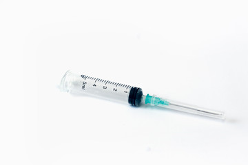 Empty syringe closeup isolated on white background. High resolution. Injection. Vaccination. The medicine. Medical procedures and procedures.