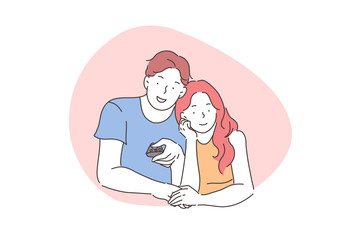 Home watching of cinema concept. A young couple in love watches a film, TV series, movie or video on TV or change channels together. Vector flat design.