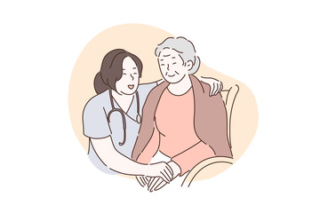 Nursing home, hospital, hospice, rehabilitation concept. Happy old woman holding hands with nurse together. The doctor in the clinic takes care, helps and supports patients. Vector flat design.
