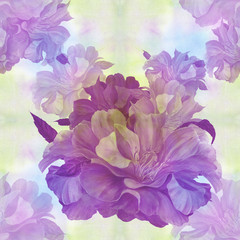 Flowers of peonies on the background of watercolor. Seamless background. Collage of flowers and leaves. Chinese brush drawing on rice paper. Use printed materials, signs, objects, websites, maps.