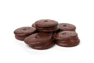 Chocolate cookies isolated on white background. Chocolate pie.