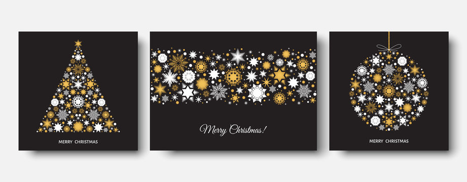  Christmas and  New Year black background with gold snowflakes.